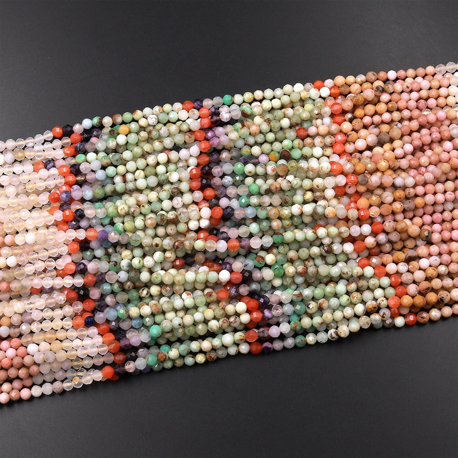 Micro Faceted Multicolor Mixed Gemstone Round Beads 4mm Chrysoprase Rhodonite Quartz 15.5" Strand