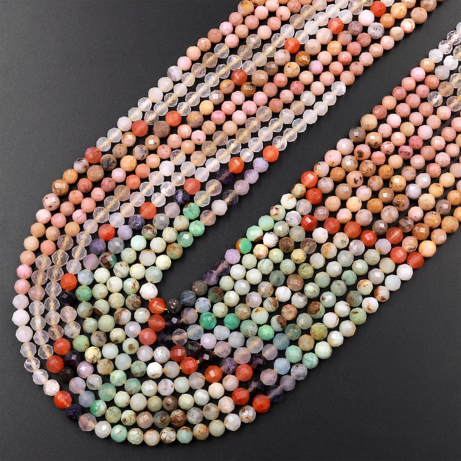Micro Faceted Multicolor Mixed Gemstone Round Beads 4mm Chrysoprase Rhodonite Quartz 15.5" Strand