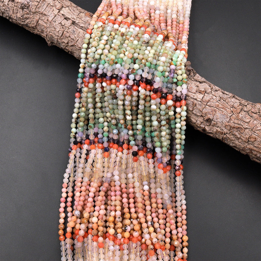 Micro Faceted Multicolor Mixed Gemstone Round Beads 4mm Chrysoprase Rhodonite Quartz 15.5" Strand