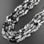 Natural Black Tourmaline Rutile Quartz Freeform Chip Pebble Nugget Beads Gemstone 15.5" Strand