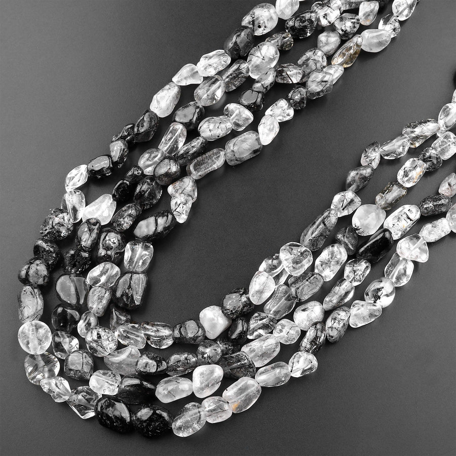 Natural Black Tourmaline Rutile Quartz Freeform Chip Pebble Nugget Beads Gemstone 15.5" Strand