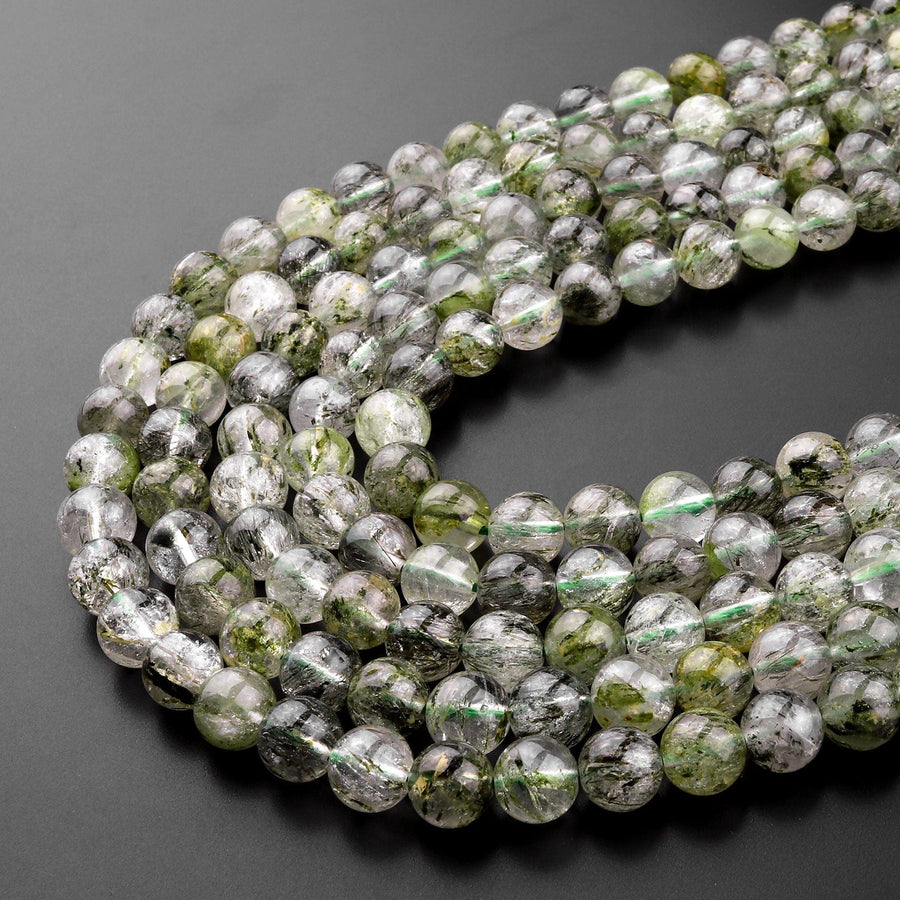 Natural Green Tourmaline Rutile Quartz  6mm 8mm 10mm 12mm Round Beads Gemstone 15.5" Strand