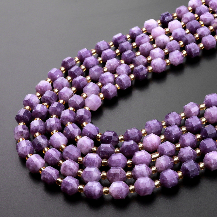 Natural Purple Lepidolite 8mm Beads Faceted Energy Prism Double Point Cut 15.5" Strand