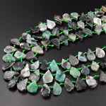 Natural Green Emerald Beads Flat Freeform Teardrop Gemstone 15.5" Strand