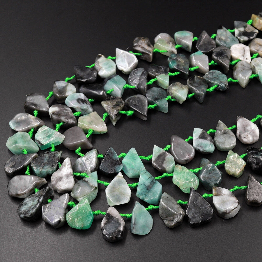Natural Green Emerald Beads Flat Freeform Teardrop Gemstone 15.5" Strand