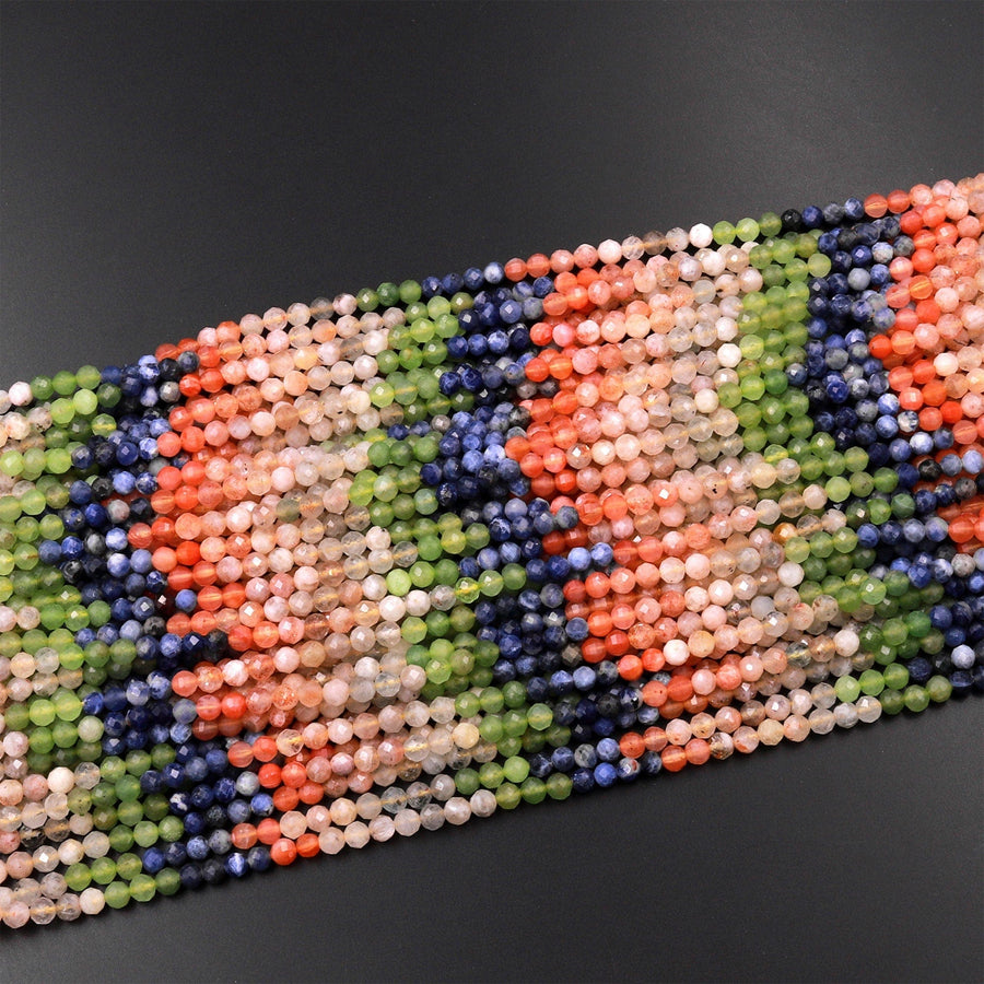 Micro Faceted Multicolor Mixed Gemstone Round Beads 4mm Blue SodaliteOrange Sunstone Green Jade 15.5" Strand