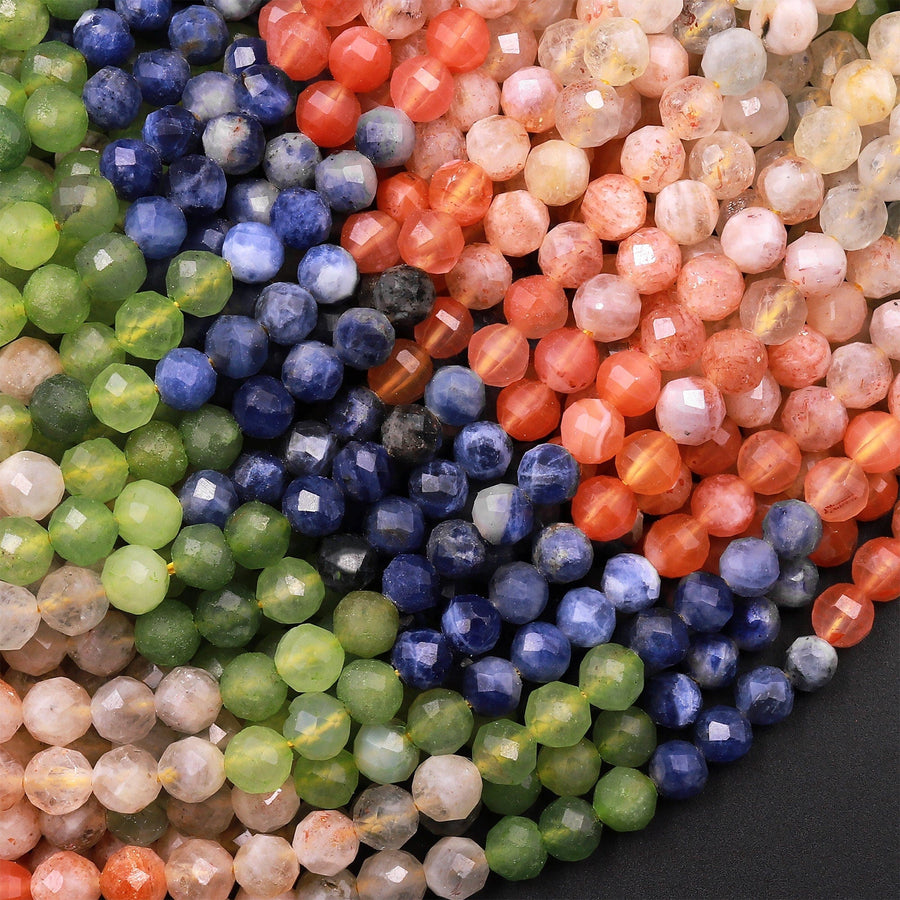 Micro Faceted Multicolor Mixed Gemstone Round Beads 4mm Blue SodaliteOrange Sunstone Green Jade 15.5" Strand
