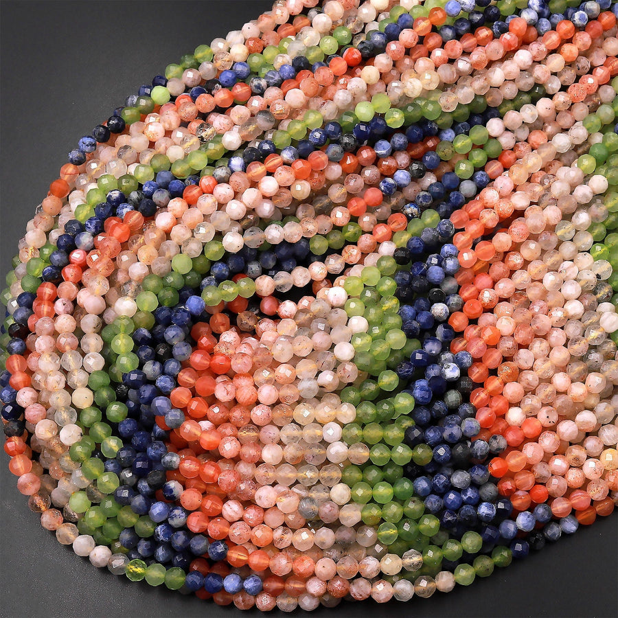 Micro Faceted Multicolor Mixed Gemstone Round Beads 4mm Blue SodaliteOrange Sunstone Green Jade 15.5" Strand