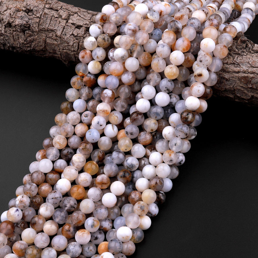 Natural Australian Dendritic Chalcedony 6mm 8mm Round Beads 15.5" Strand