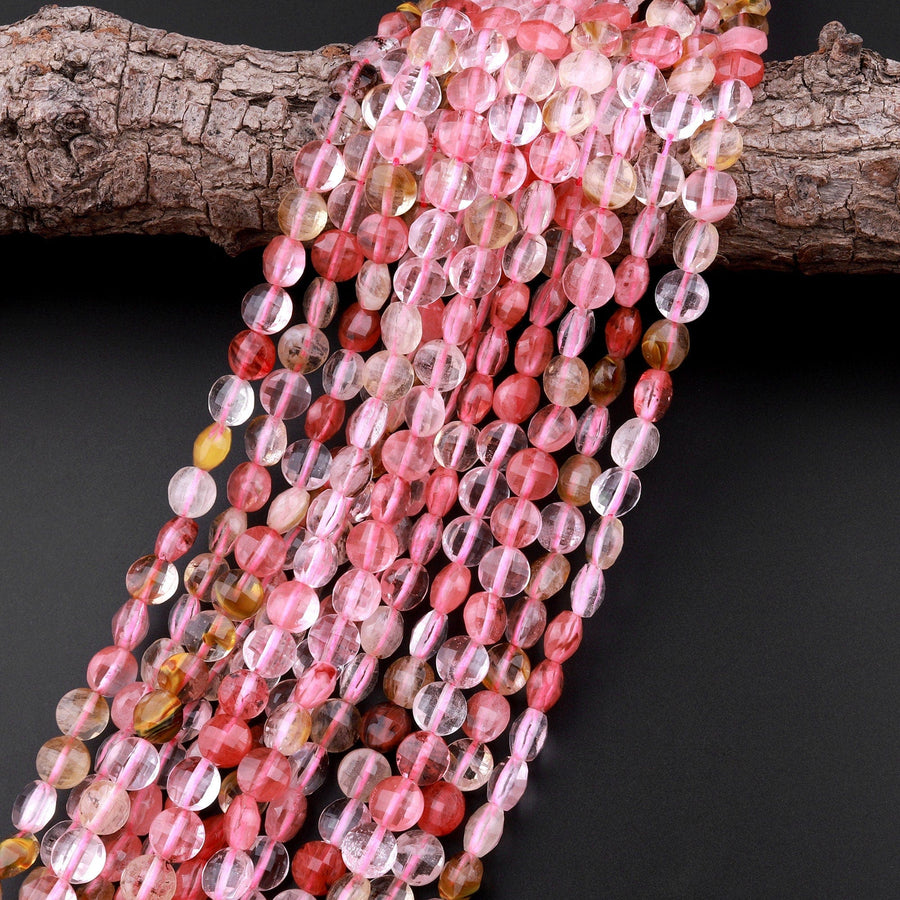 Faceted Cherry Quartz Coin Beads 6mm 8mm 10mm 15" Strand