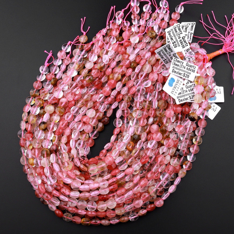Faceted Cherry Quartz Coin Beads 6mm 8mm 10mm 15" Strand
