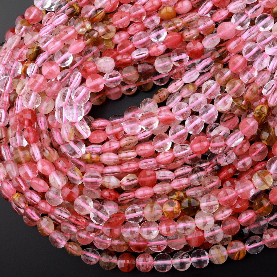 Faceted Cherry Quartz Coin Beads 6mm 8mm 10mm 15" Strand