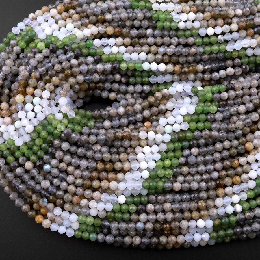 Micro Faceted Multicolor Mixed Gemstone Round Beads 4mm Labradorite Blue Chalcedony Russian Green Jade 15.5" Strand