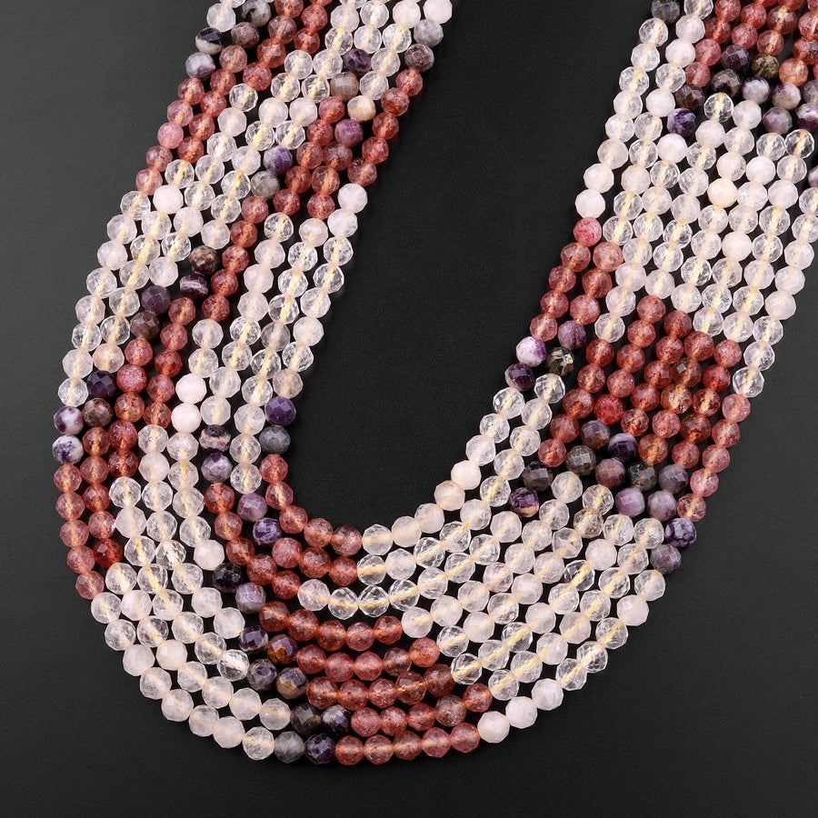 Micro Faceted Multicolor Mixed Gemstone Round Beads 4mm Strawberry Quartz Rutile Quartz Chevron Amethyst 15.5" Strand