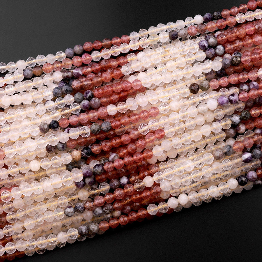 Micro Faceted Multicolor Mixed Gemstone Round Beads 4mm Strawberry Quartz Rutile Quartz Chevron Amethyst 15.5" Strand