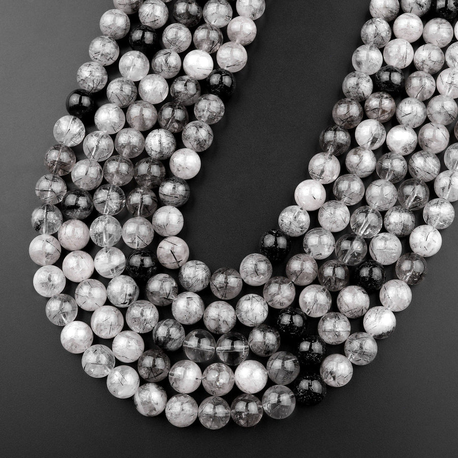 Natural Black Tourmaline Rutilated Quartz Round Beads 6mm 8mm 10mm 12mm 15.5" Strand