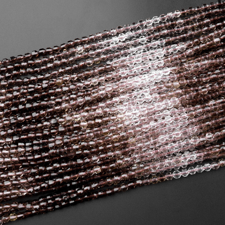 AAA Micro Faceted Multicolor Natural Smoky Quartz Prism Beads 4mm Laser Diamond Cut Gemstone 15.5" Strand