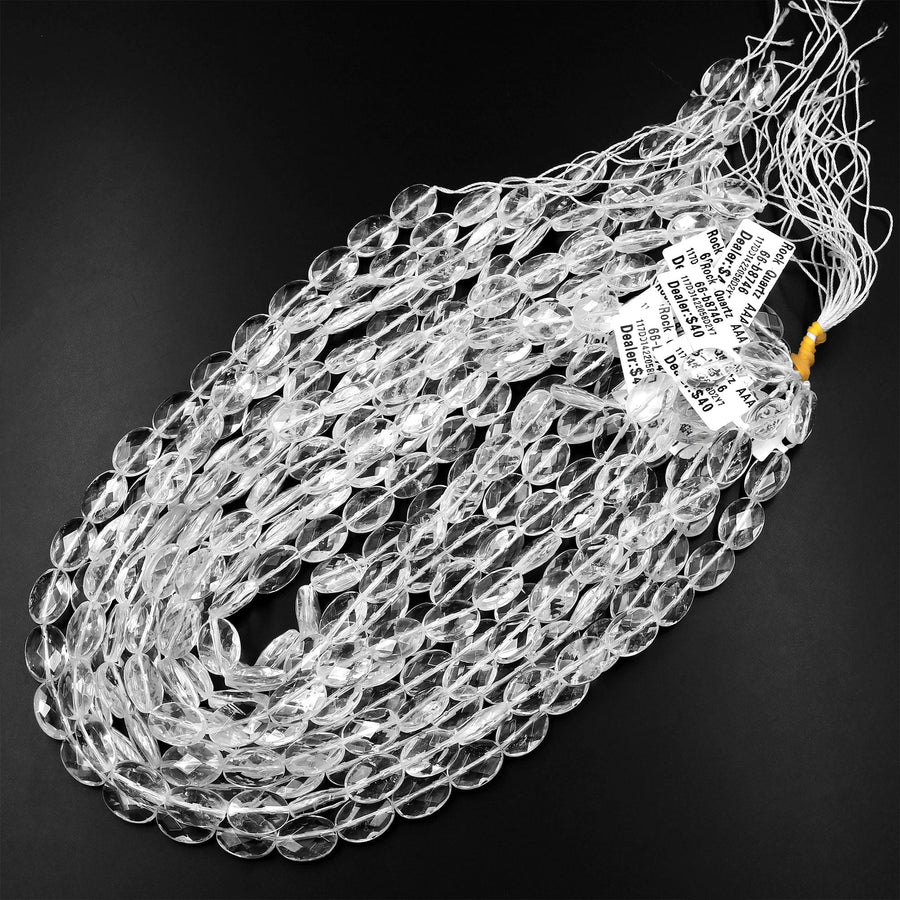 Natural Rock Crystal Quartz Beads Faceted Oval Icy Clear Rock Crystal Quartz 15.5" Strand