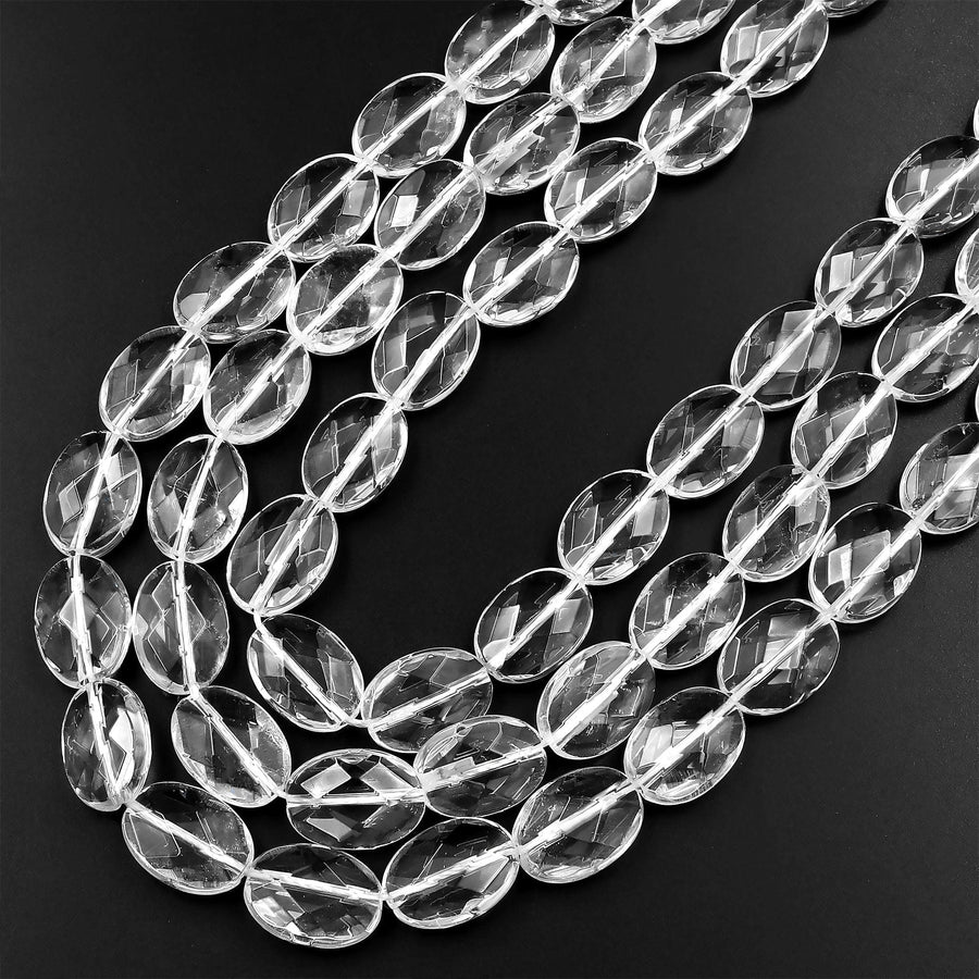 Natural Rock Crystal Quartz Beads Faceted Oval Icy Clear Rock Crystal Quartz 15.5" Strand