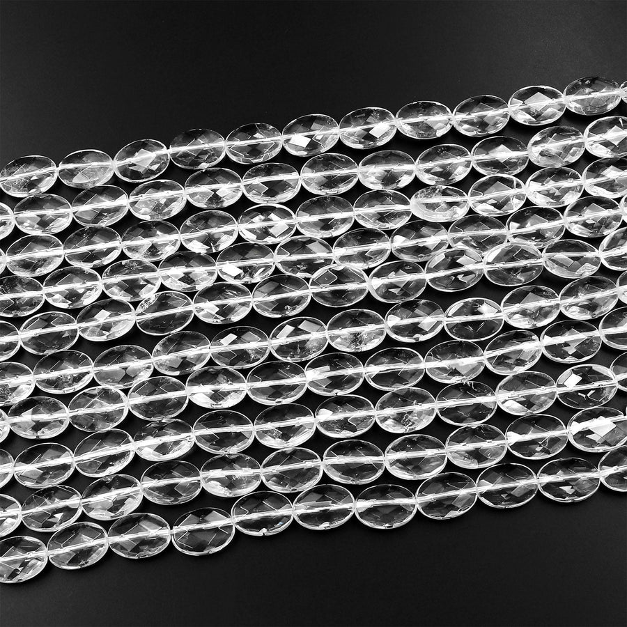 Natural Rock Crystal Quartz Beads Faceted Oval Icy Clear Rock Crystal Quartz 15.5" Strand