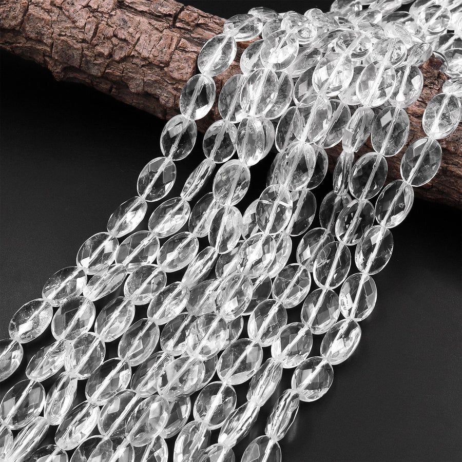 Natural Rock Crystal Quartz Beads Faceted Oval Icy Clear Rock Crystal Quartz 15.5" Strand