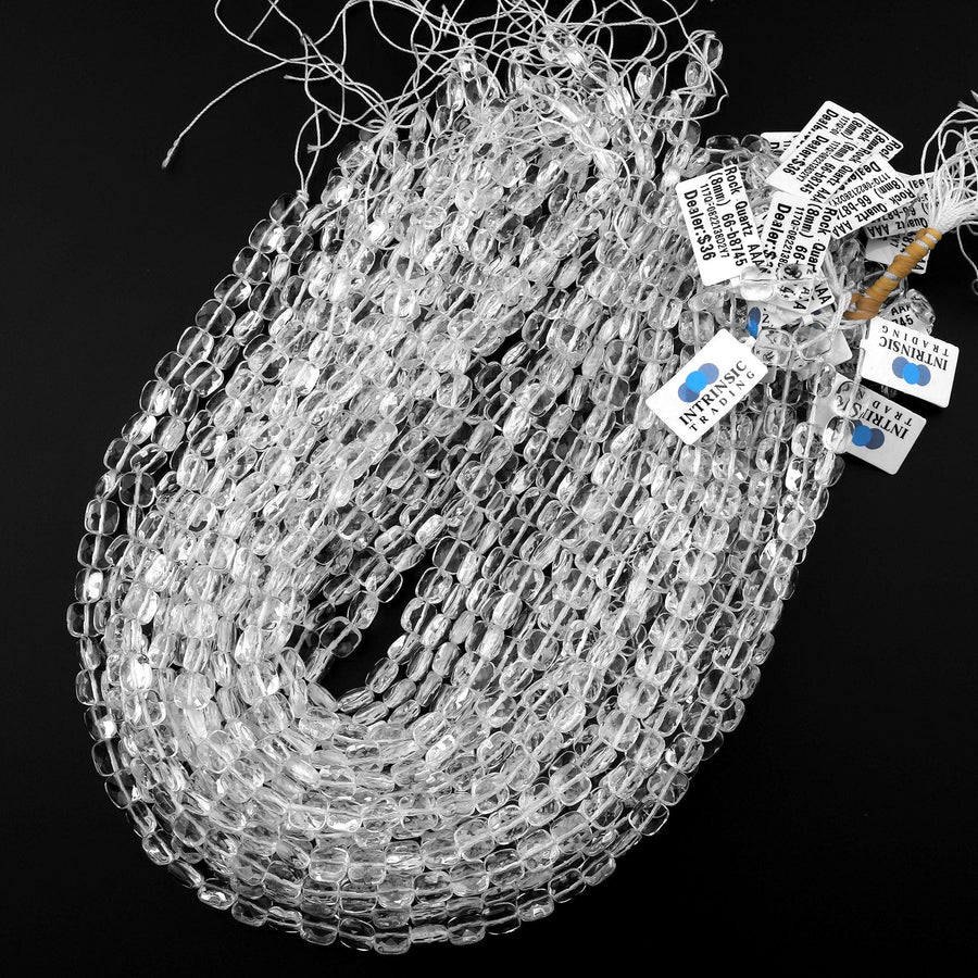 Natural Rock Crystal Quartz Beads Faceted Square Cushion Icy Clear Rock Crystal Quartz 15.5" Strand