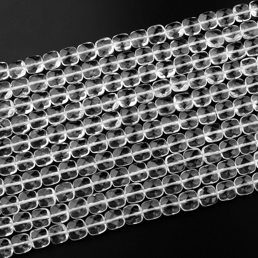 Natural Rock Crystal Quartz Beads Faceted Square Cushion Icy Clear Rock Crystal Quartz 15.5" Strand