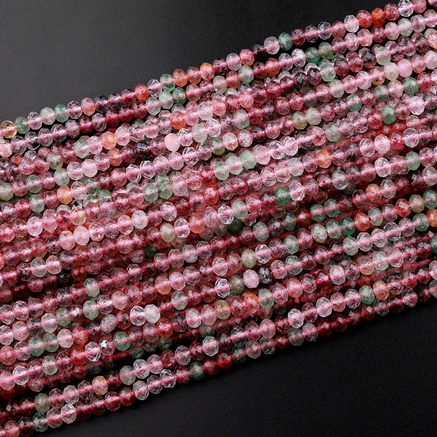 AAA Natural Strawberry Quartz Faceted 6mm Rondelle Beads Micro Laser Cut Pink Green Gemstone 15.5" Strand