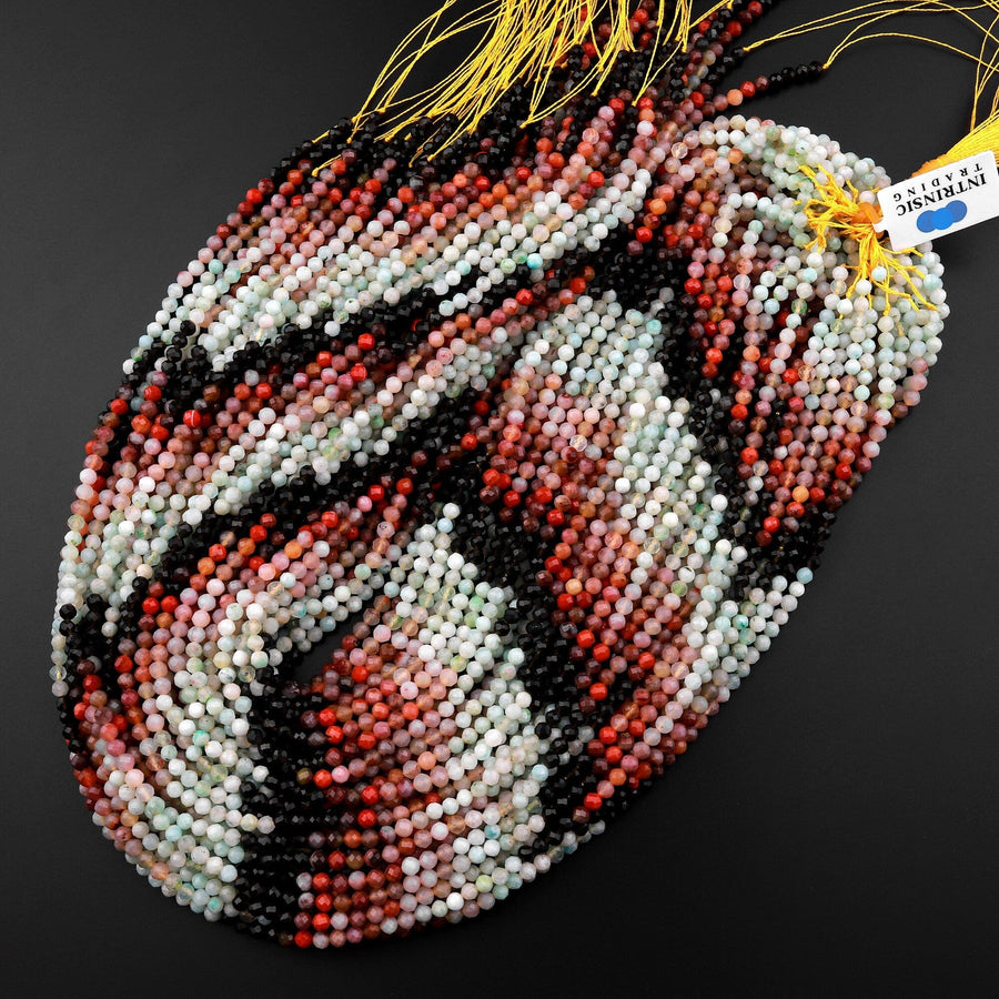 Micro Faceted Multicolor Mixed Gemstone Round Beads 3mm Rainbow Agate Amazonite Smoky Quartz 15.5" Strand