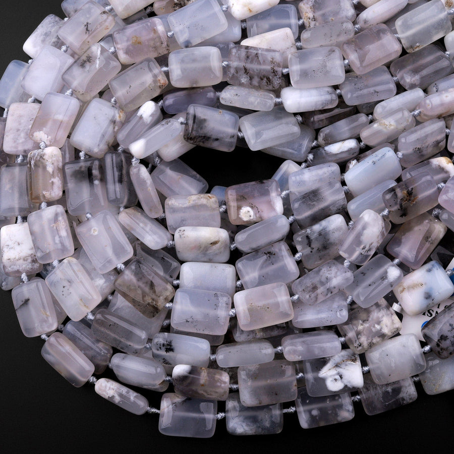 Icy! Natural Angel Chalcedony Beads Smooth Rectangle Beads With Interesting Black Dendritic Pattern Gemmy Translucent Gemstone 15.5" Strand