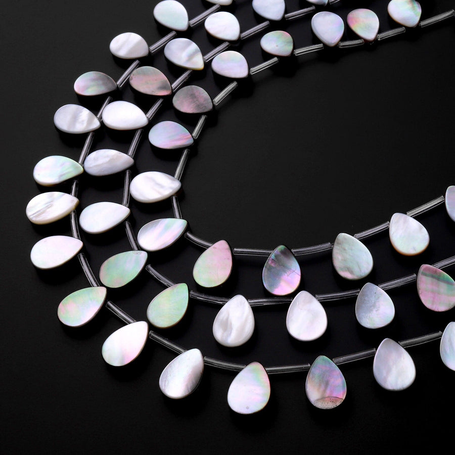 Natural Black Mother of Pearl Shell Beads Teardrop Top Side Drilled Iridescent Rainbow Overtone 15.5" Strand