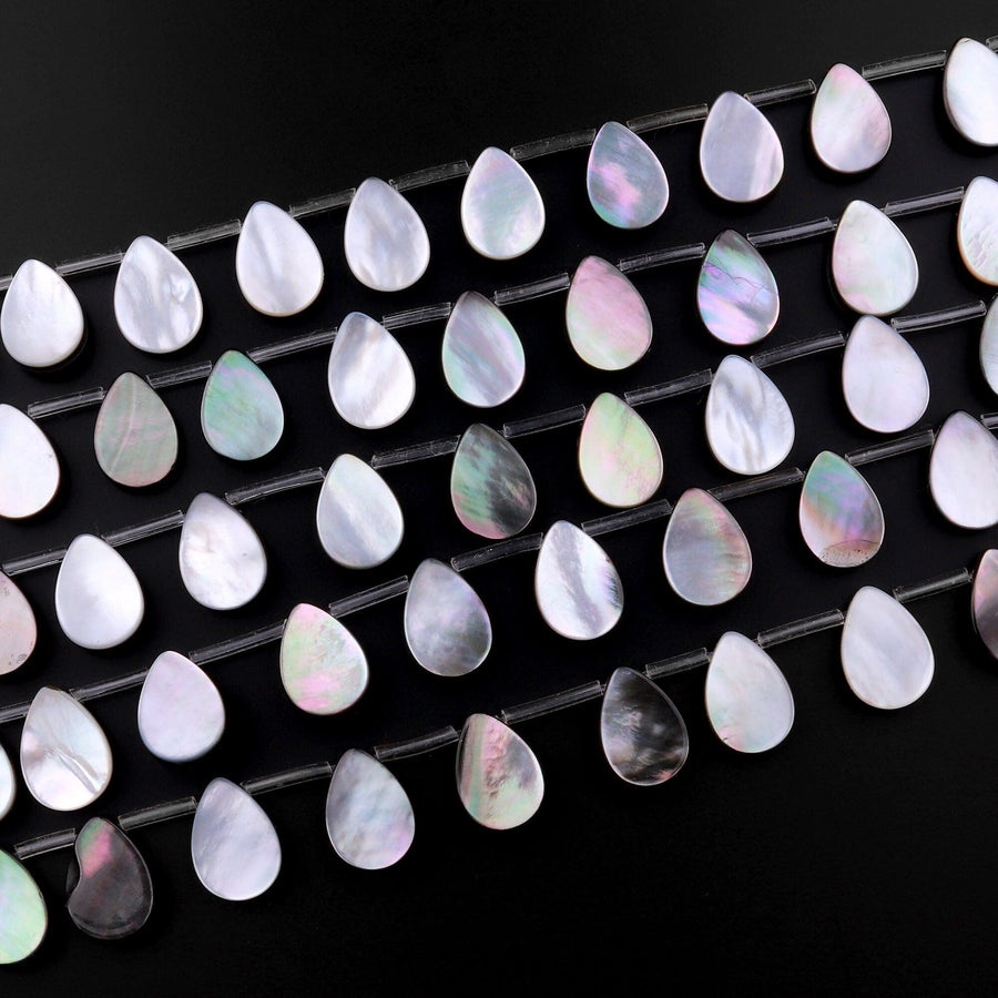 Natural Black Mother of Pearl Shell Beads Teardrop Top Side Drilled Iridescent Rainbow Overtone 15.5" Strand