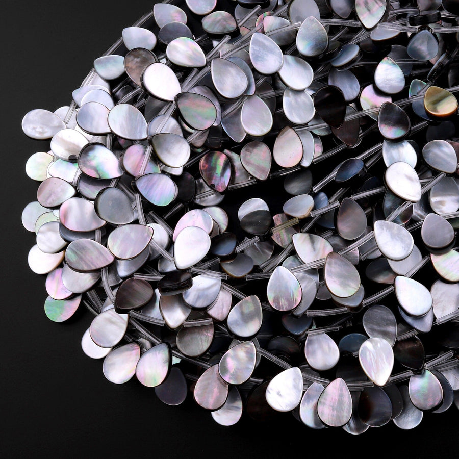 Natural Black Mother of Pearl Shell Beads Teardrop Top Side Drilled Iridescent Rainbow Overtone 15.5" Strand