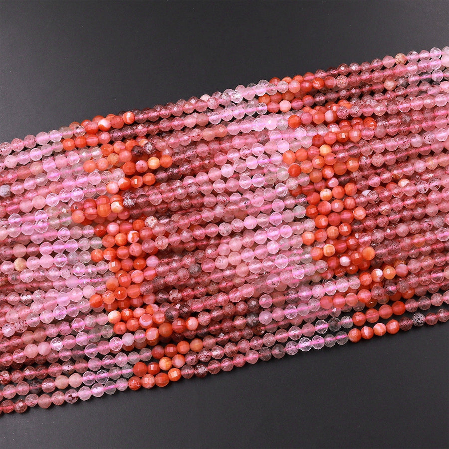 Micro Faceted Multicolor Mixed Gemstone Round Beads 4mm Rose Quartz Strawberry Quartz Red Agate Gradient Red Shades 15.5" Strand