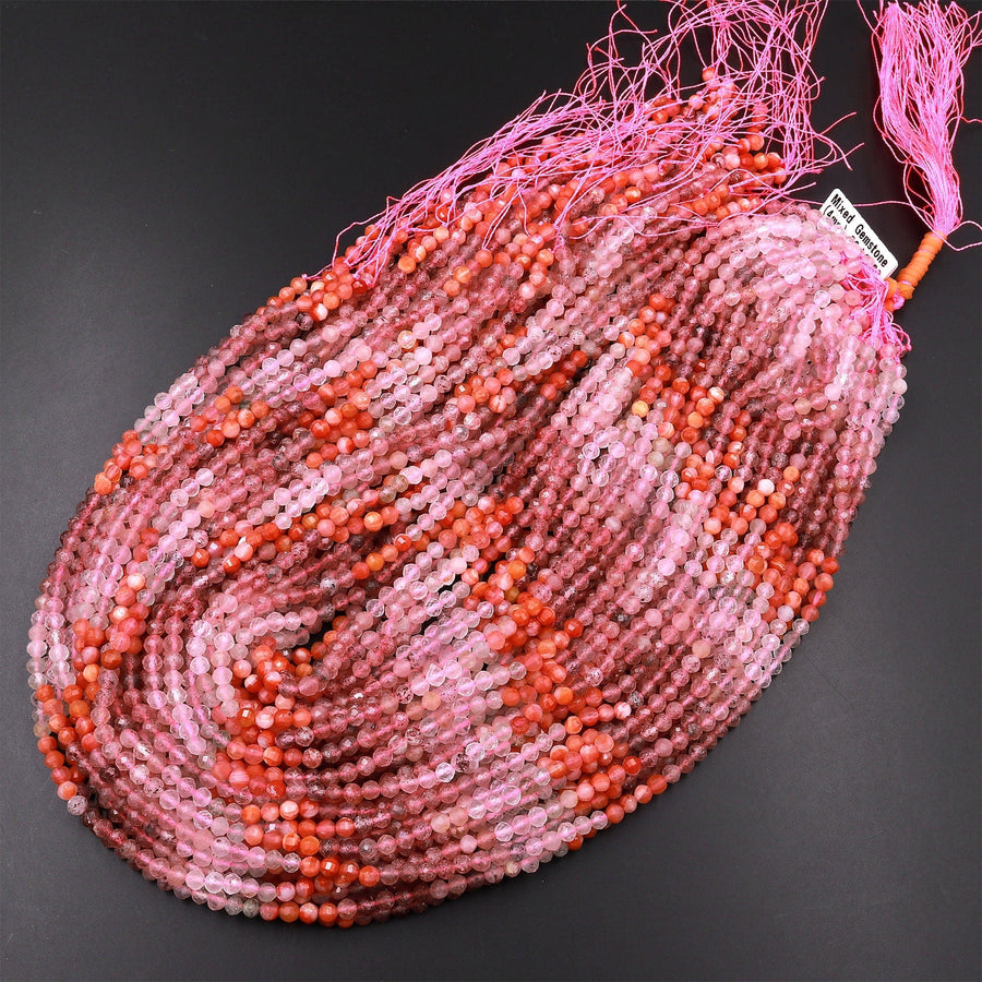 Micro Faceted Multicolor Mixed Gemstone Round Beads 4mm Rose Quartz Strawberry Quartz Red Agate Gradient Red Shades 15.5" Strand