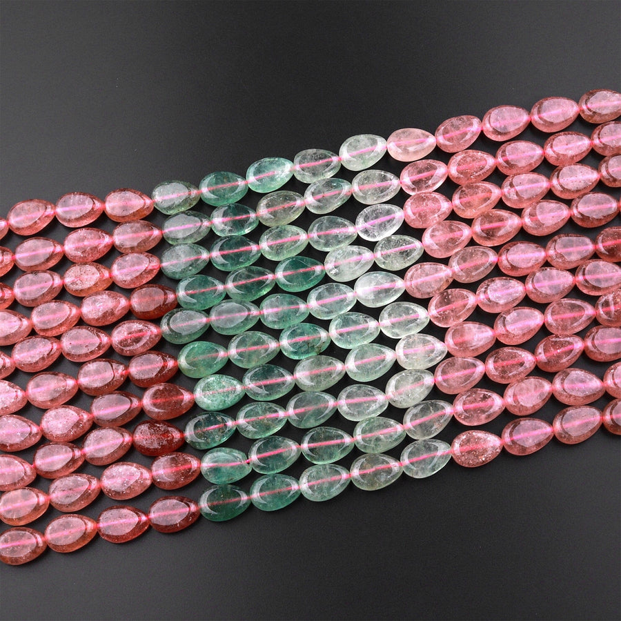 Natural Strawberry Quartz Teardrop Beads Vertically Drilled Red Pink Green Gemstone 15.5" Strand