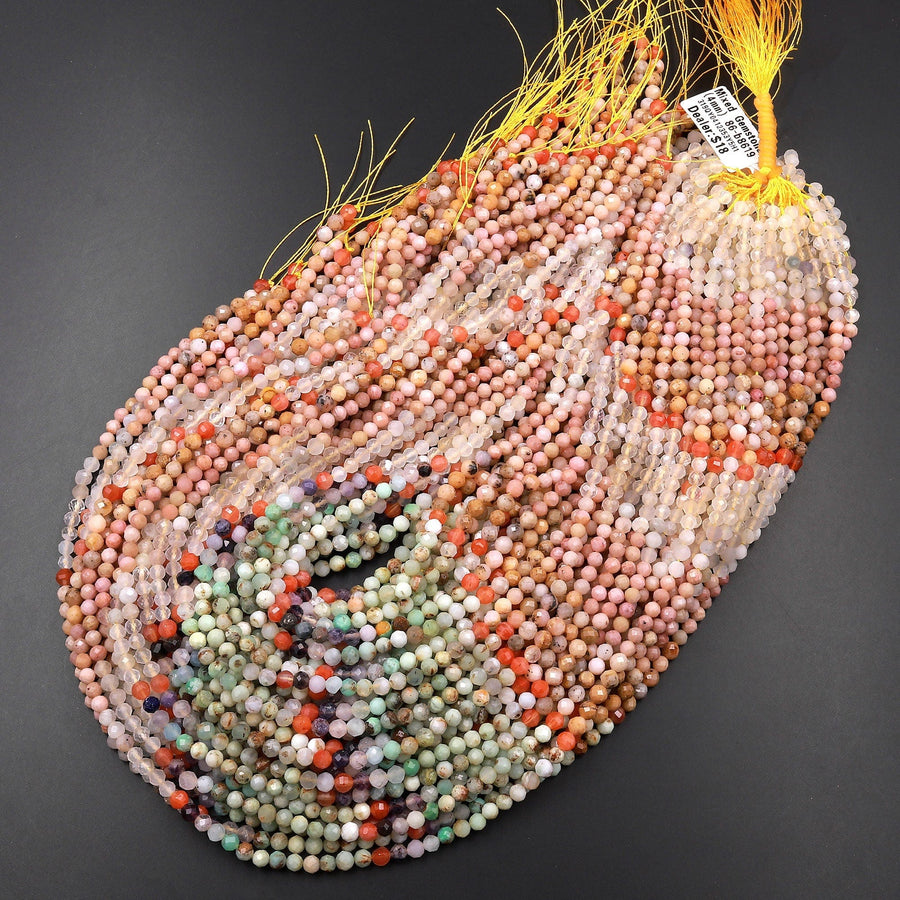 Micro Faceted Multicolor Mixed Gemstone Round Beads 4mm Chrysoprase Rhodonite Quartz 15.5" Strand