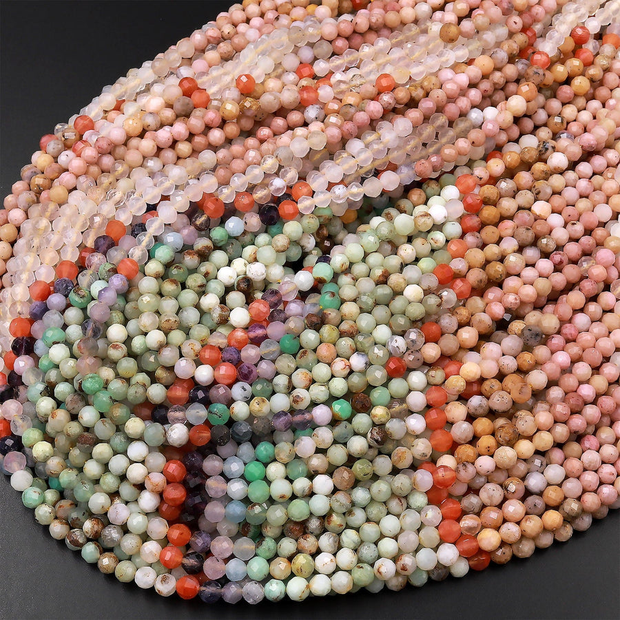 Micro Faceted Multicolor Mixed Gemstone Round Beads 4mm Chrysoprase Rhodonite Quartz 15.5" Strand