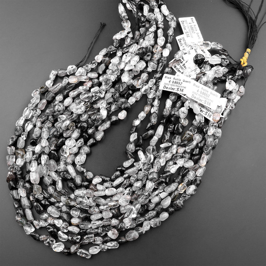 Natural Black Tourmaline Rutile Quartz Freeform Chip Pebble Nugget Beads Gemstone 15.5" Strand