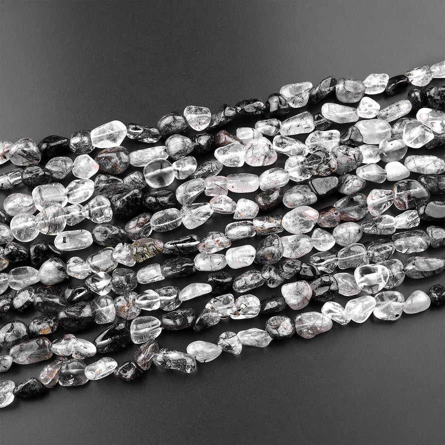 Natural Black Tourmaline Rutile Quartz Freeform Chip Pebble Nugget Beads Gemstone 15.5" Strand