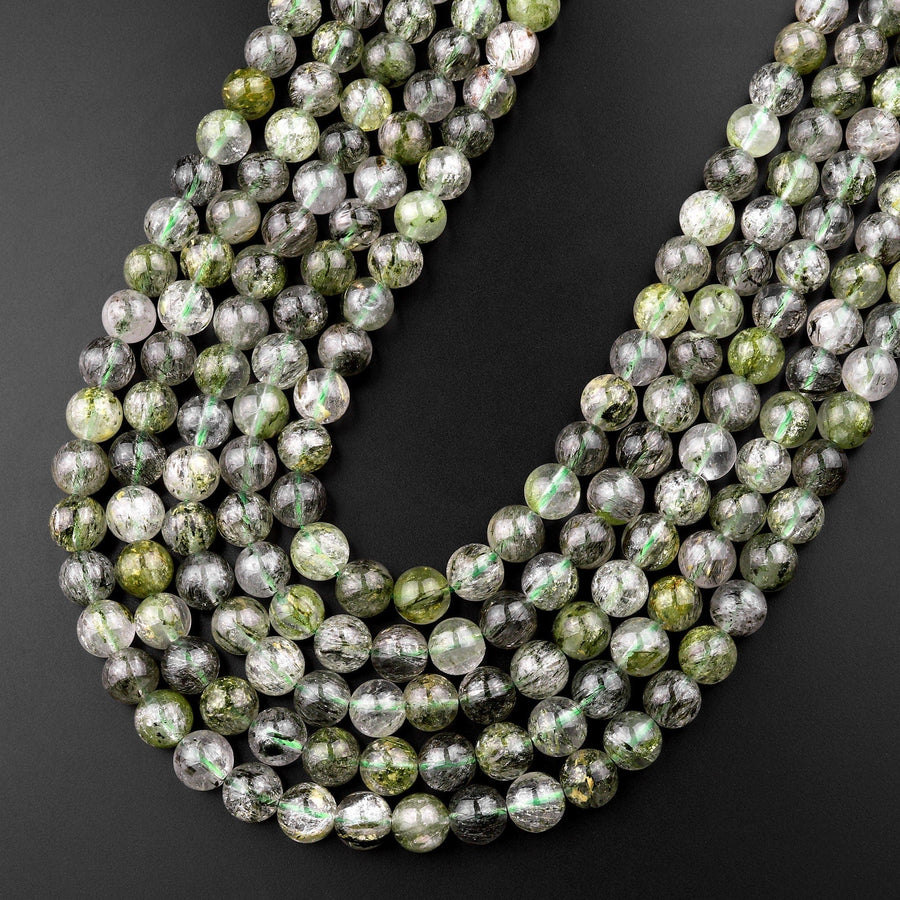 Natural Green Tourmaline Rutile Quartz  6mm 8mm 10mm 12mm Round Beads Gemstone 15.5" Strand