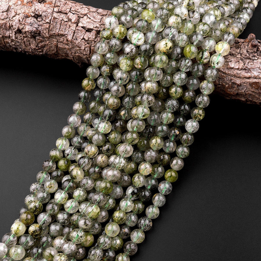 Natural Green Tourmaline Rutile Quartz  6mm 8mm 10mm 12mm Round Beads Gemstone 15.5" Strand