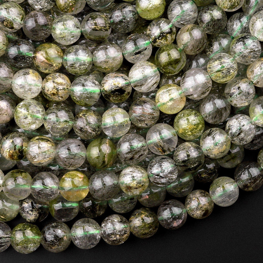 Natural Green Tourmaline Rutile Quartz  6mm 8mm 10mm 12mm Round Beads Gemstone 15.5" Strand