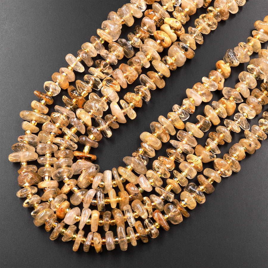 Natural Golden Rutilated Quartz Large Freeform Rondelle Beads 15.5" Strand