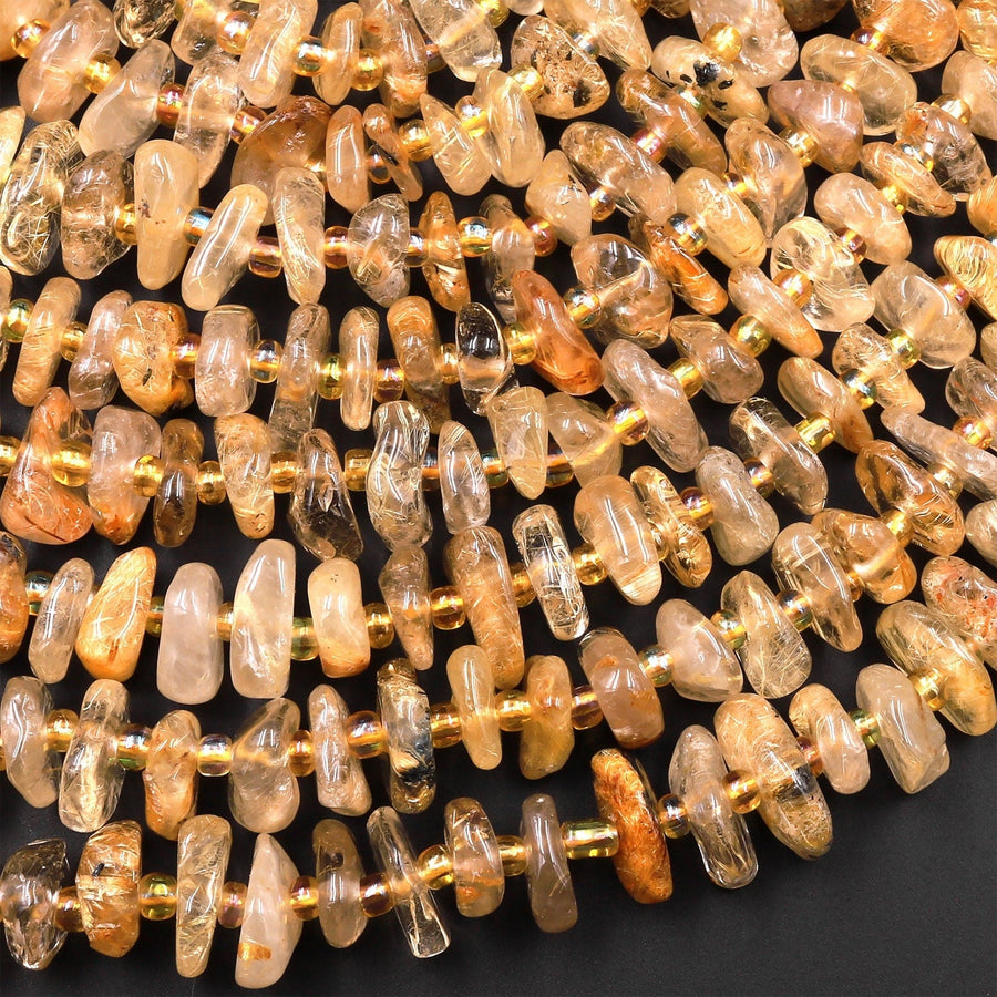 Natural Golden Rutilated Quartz Large Freeform Rondelle Beads 15.5" Strand