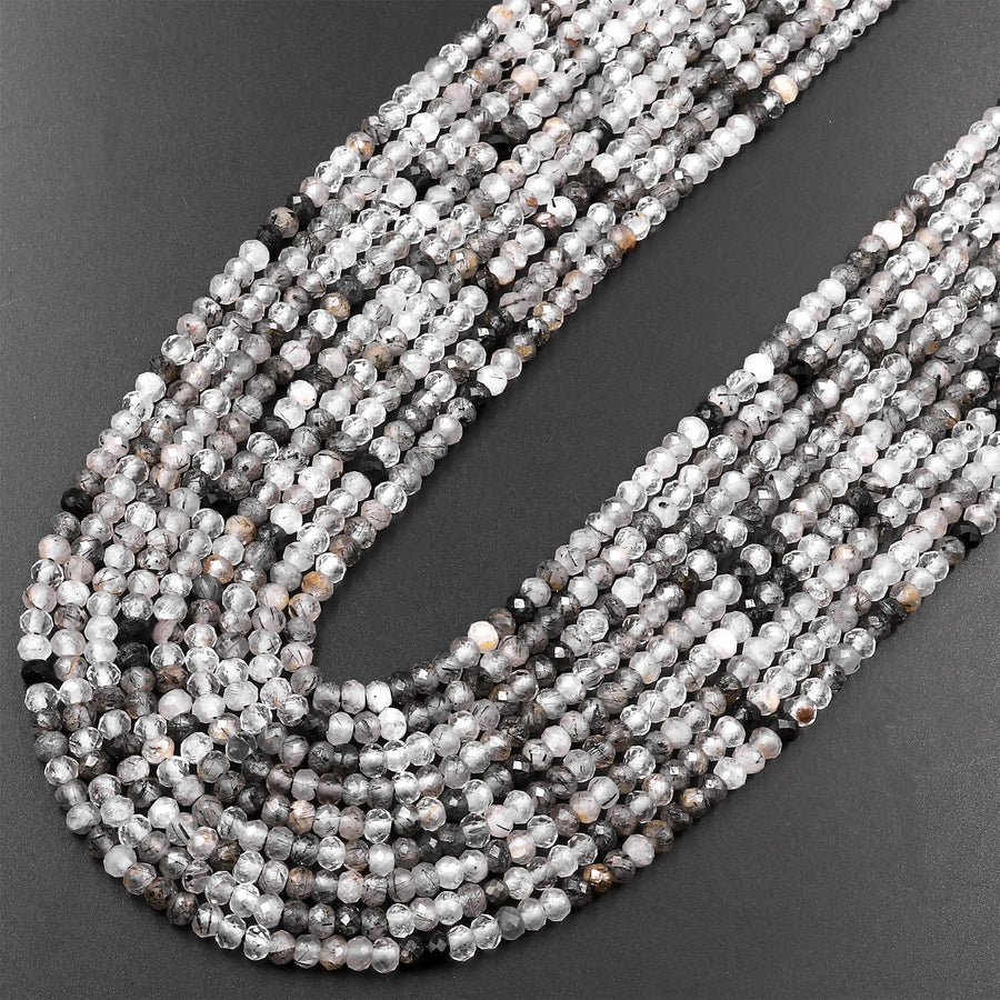 Natural Black Tourmaline Rutilated Rutile Quartz 3mm Faceted Rondelle Beads Micro Faceted Diamond Cut Gemstone 15.5" Strand
