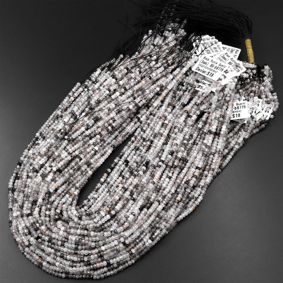 Natural Black Tourmaline Rutilated Rutile Quartz 3mm Faceted Rondelle Beads Micro Faceted Diamond Cut Gemstone 15.5" Strand