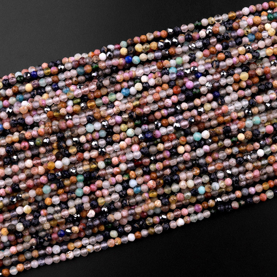 Micro Faceted Multicolor Mixed Gemstone Round Beads 2mm Opal Amazonite Lapis Amethyst Spinel Apatite 15.5" Strand