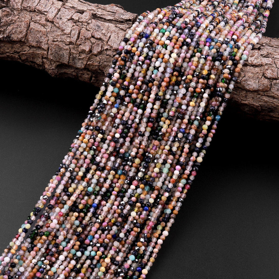 Micro Faceted Multicolor Mixed Gemstone Round Beads 2mm Opal Amazonite Lapis Amethyst Spinel Apatite 15.5" Strand