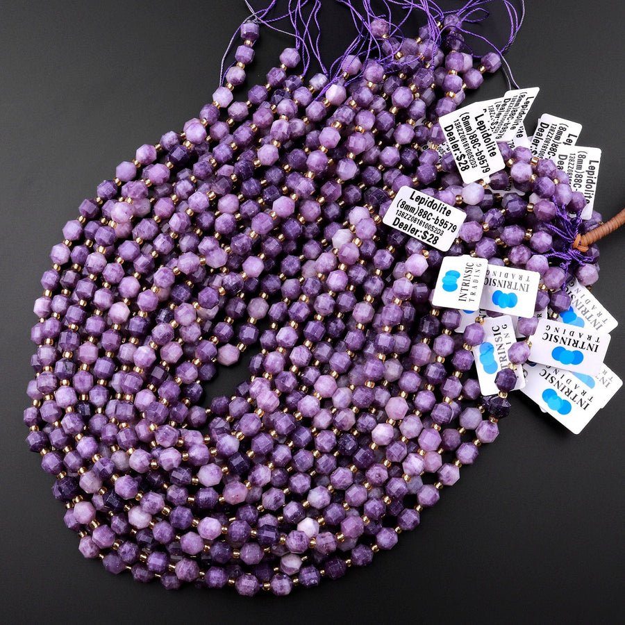 Natural Purple Lepidolite 8mm Beads Faceted Energy Prism Double Point Cut 15.5" Strand
